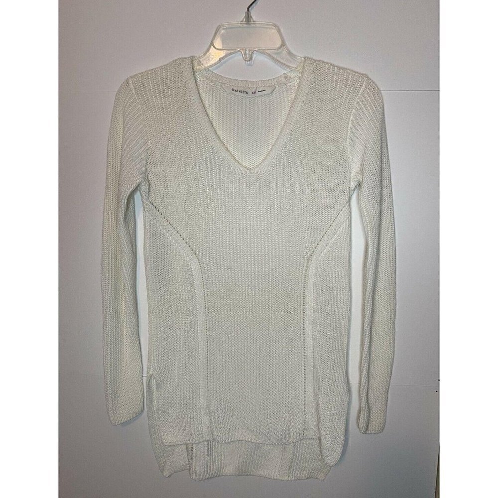 Athleta XXS White Waffle Knit Cotton Blend V-Neck Tunic Sweater Hi-Low